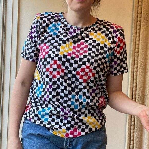 Bobbie Brooks Checkered Rainbow Funky Retro 80s Statement Top Blouse - Picture 4 of 6